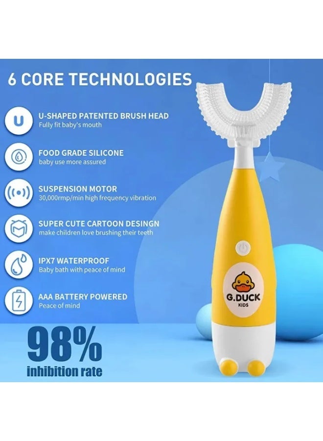 G.DUCK Yellow Duck Kids 2-in-1 Electric Toothbrush Set for Boys & Girls (2-12 Years) | U-Shaped 360° Silicone Brush + Sonic Round Brush | 30,000 VPM Gentle Cleaning | IPX7 Waterproof | Battery Powered | Includes Fluoride-Free Fruit Foam Toothpaste & AAA Battery - Image 2